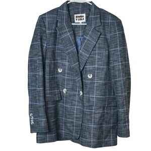 Bimba y Lola Blue Plaid Double Breasted Blazer Jacket Size 40 Old Money Academia